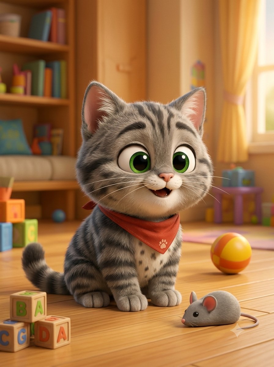 Nicko, a small grey tabby kitten with a red bandana, in a sunny playroom
