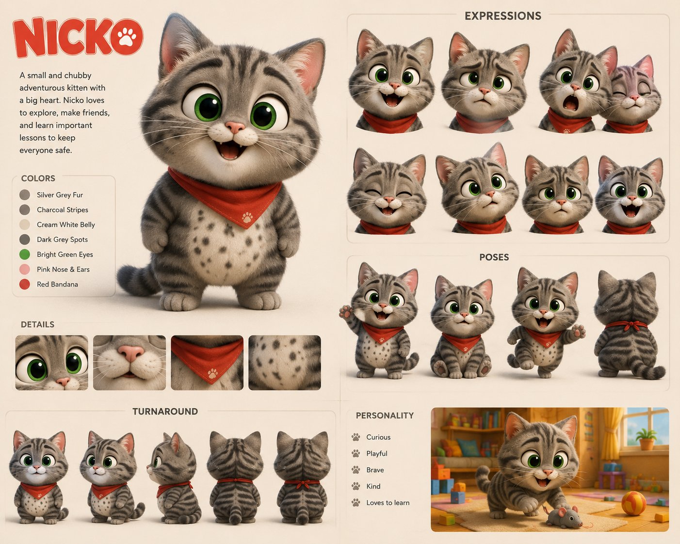 Nicko character reference: colors, expressions, and poses